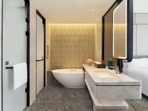 Rainfall showerhead, hair dryer, bathrobes, slippers