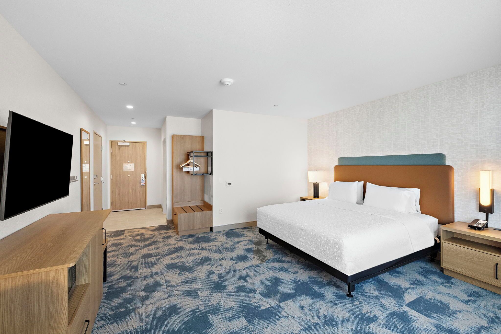 Down comforters, desk, laptop workspace, blackout drapes