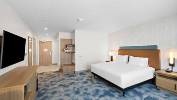 Down comforters, desk, laptop workspace, blackout drapes