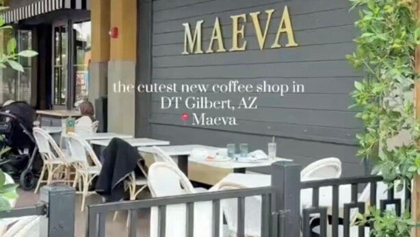 The exterior of Maeva coffee shop with a modern design, featuring a large sign and outdoor seating area. - Cozy Cottage in Downtown Gilbert Heritage District Sleeps Up To 3 (Gilbert)