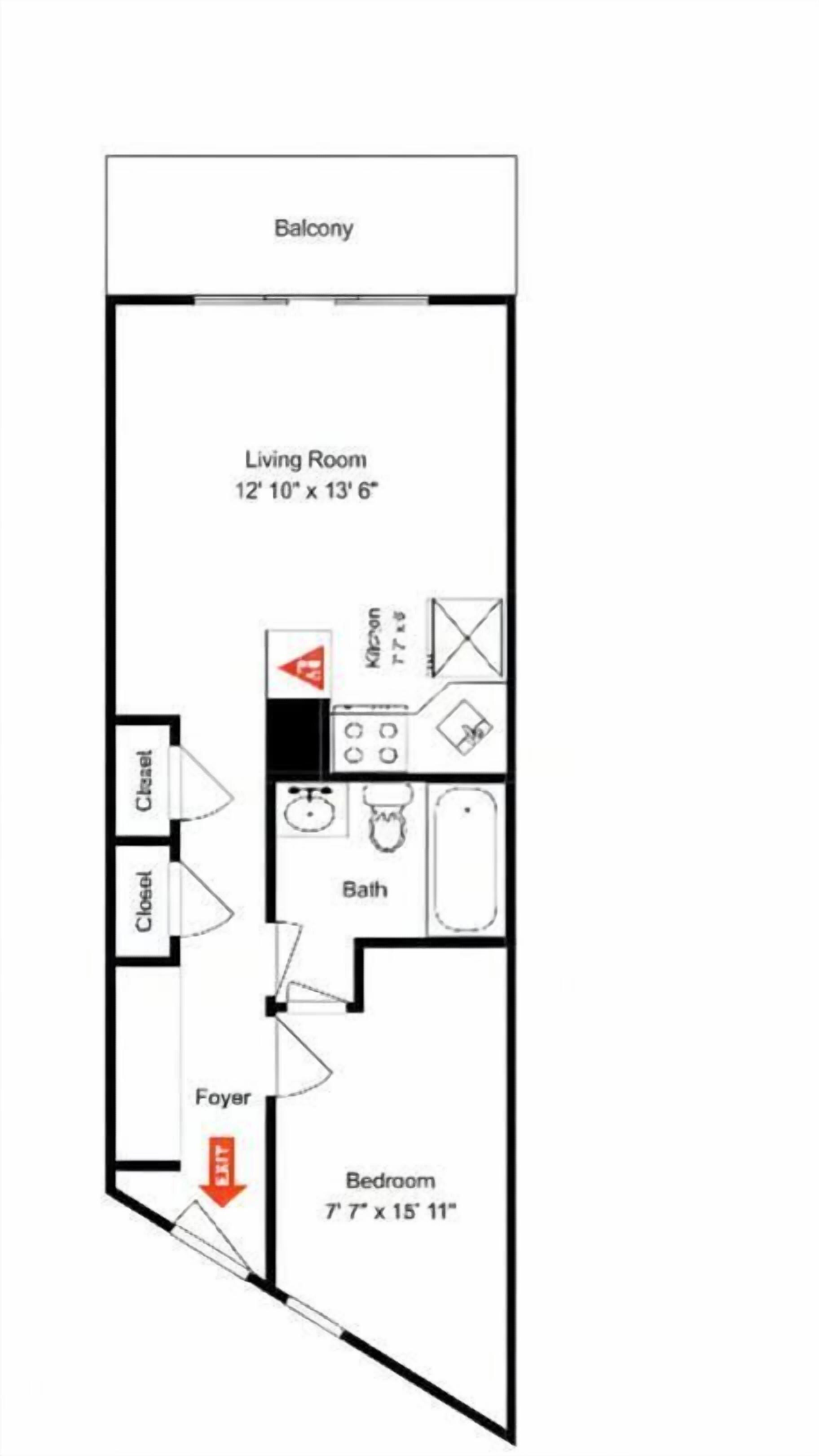 Plano de planta de una habitación de hotel con balcón, sala de estar, dormitorio, baño, kitchenette y vestíbulo.