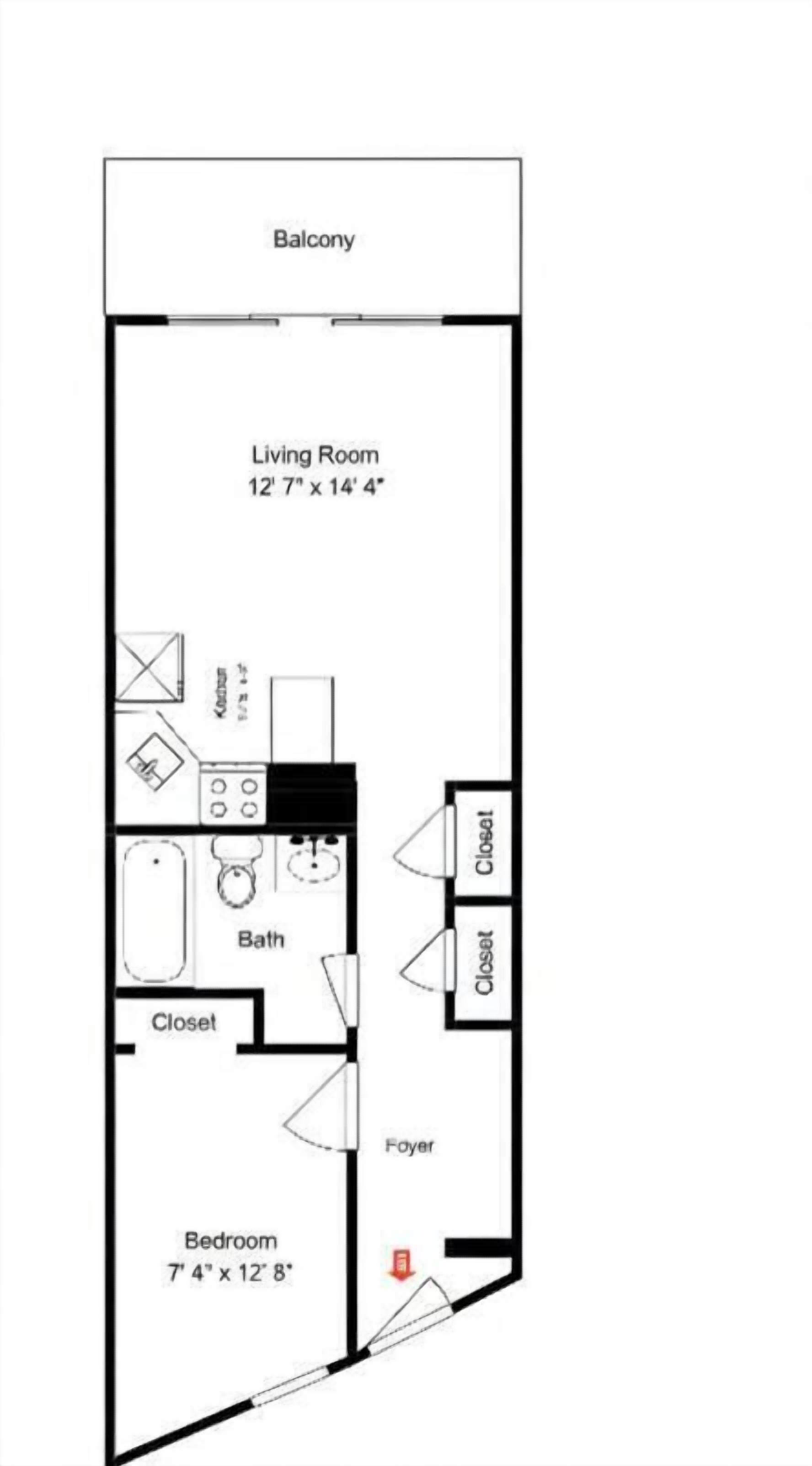 A floor plan of a house with a balcony, living room, kitchen, bathroom, closet, foyer, and bedroom.