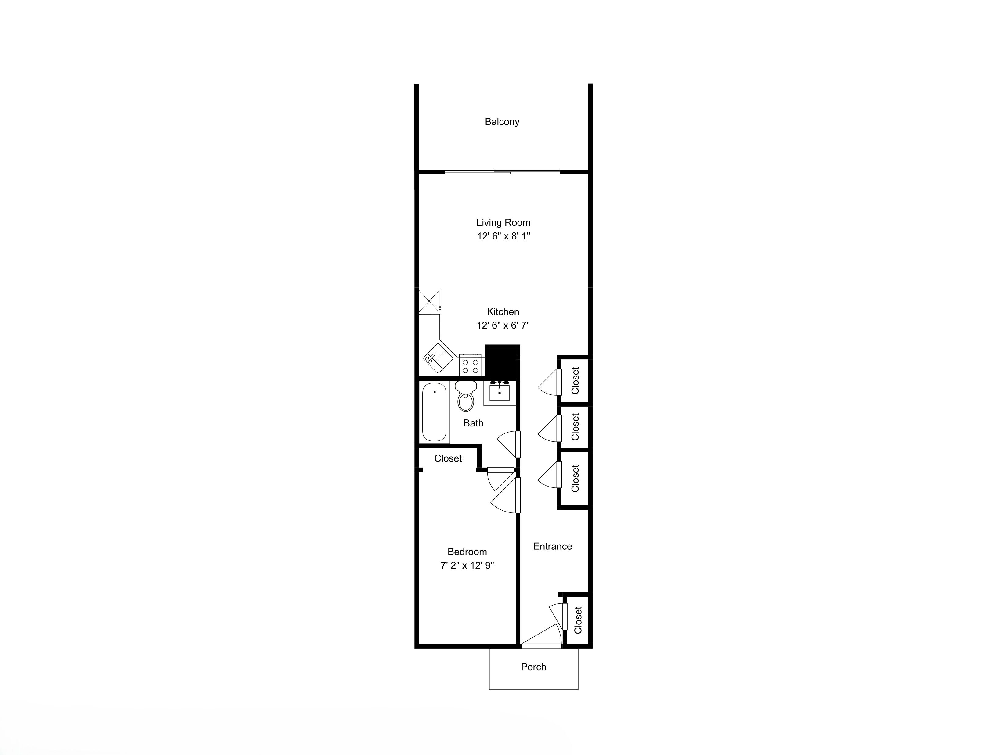 A floor plan with a balcony, living room, kitchen, bathroom, bedroom, entrance, and porch.