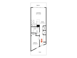 A floor plan with a balcony, living room, kitchen, bathroom, closet, linen, bedroom, and an exit.