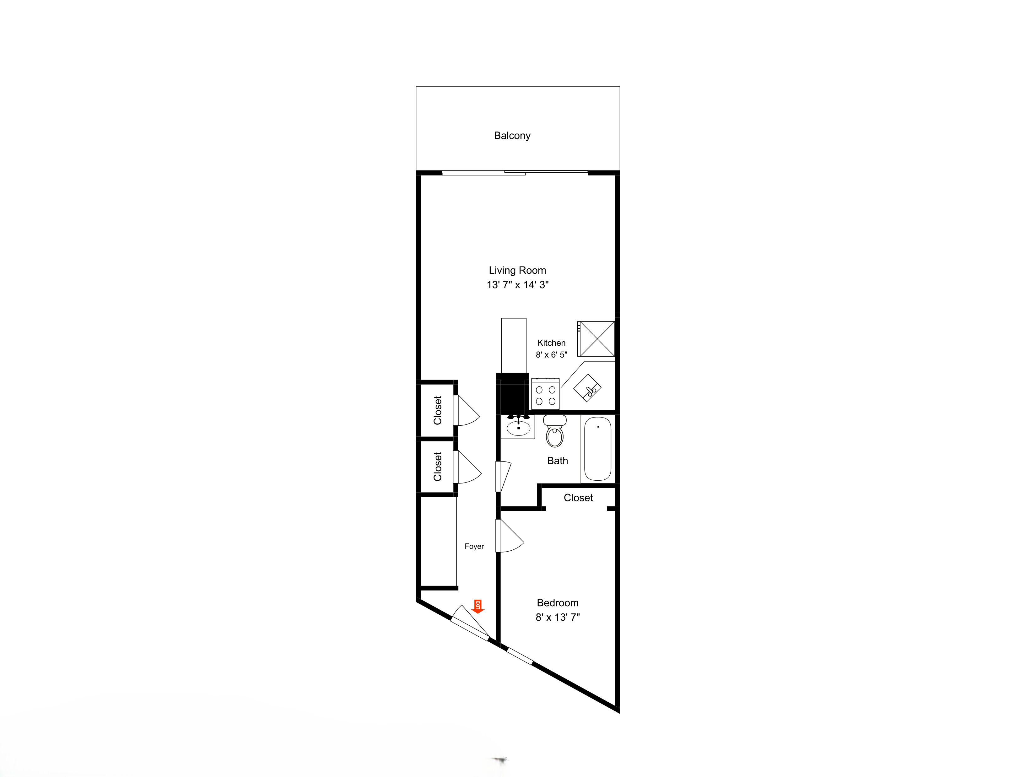 A floor plan of a hotel room with a balcony, living room, kitchen, bathroom, closet, and foyer.