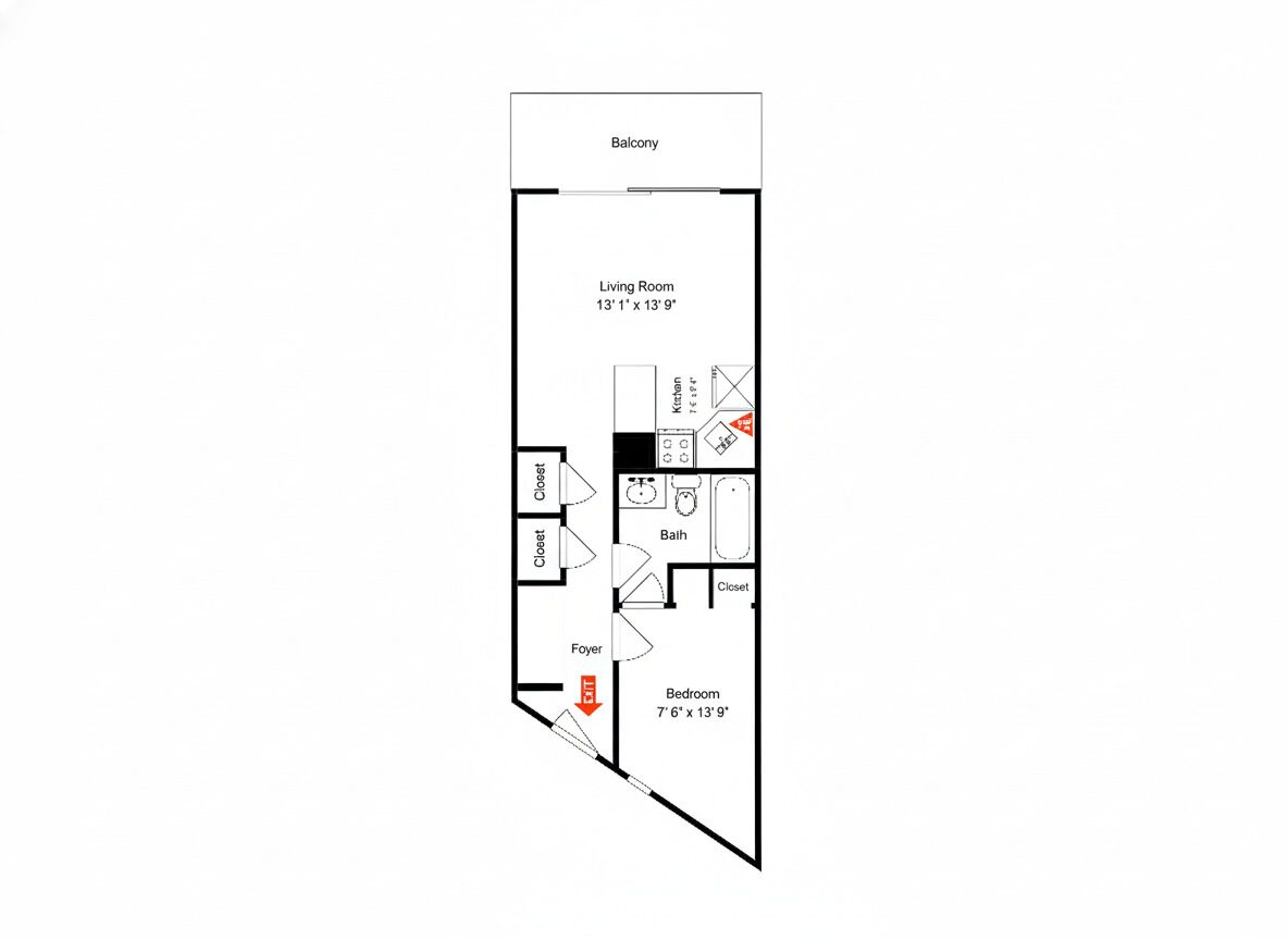 A floor plan with a balcony, living room, kitchen, bathroom, and bedroom.