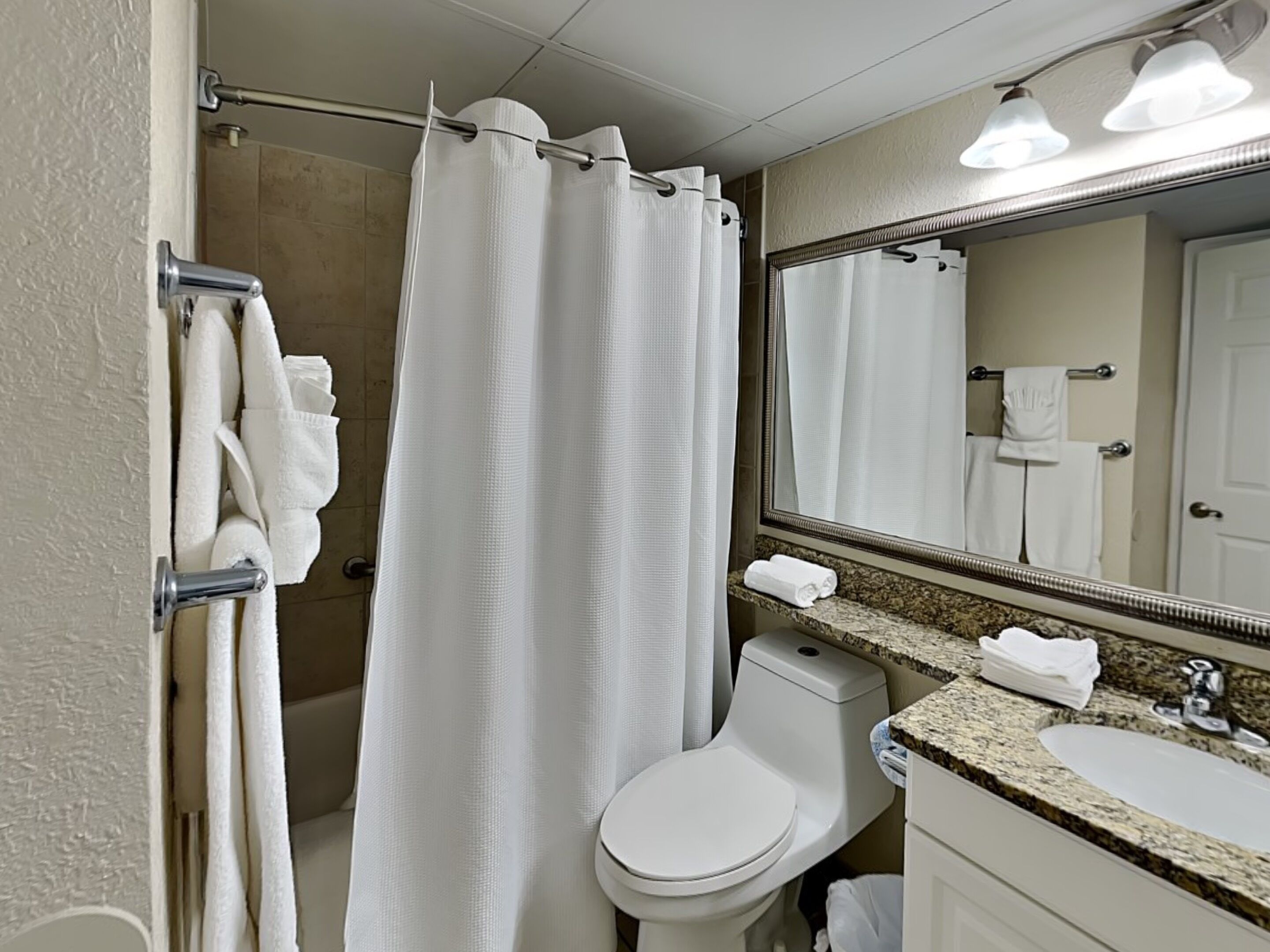 A bathroom with a shower curtain, a toilet, a sink, and a mirror.