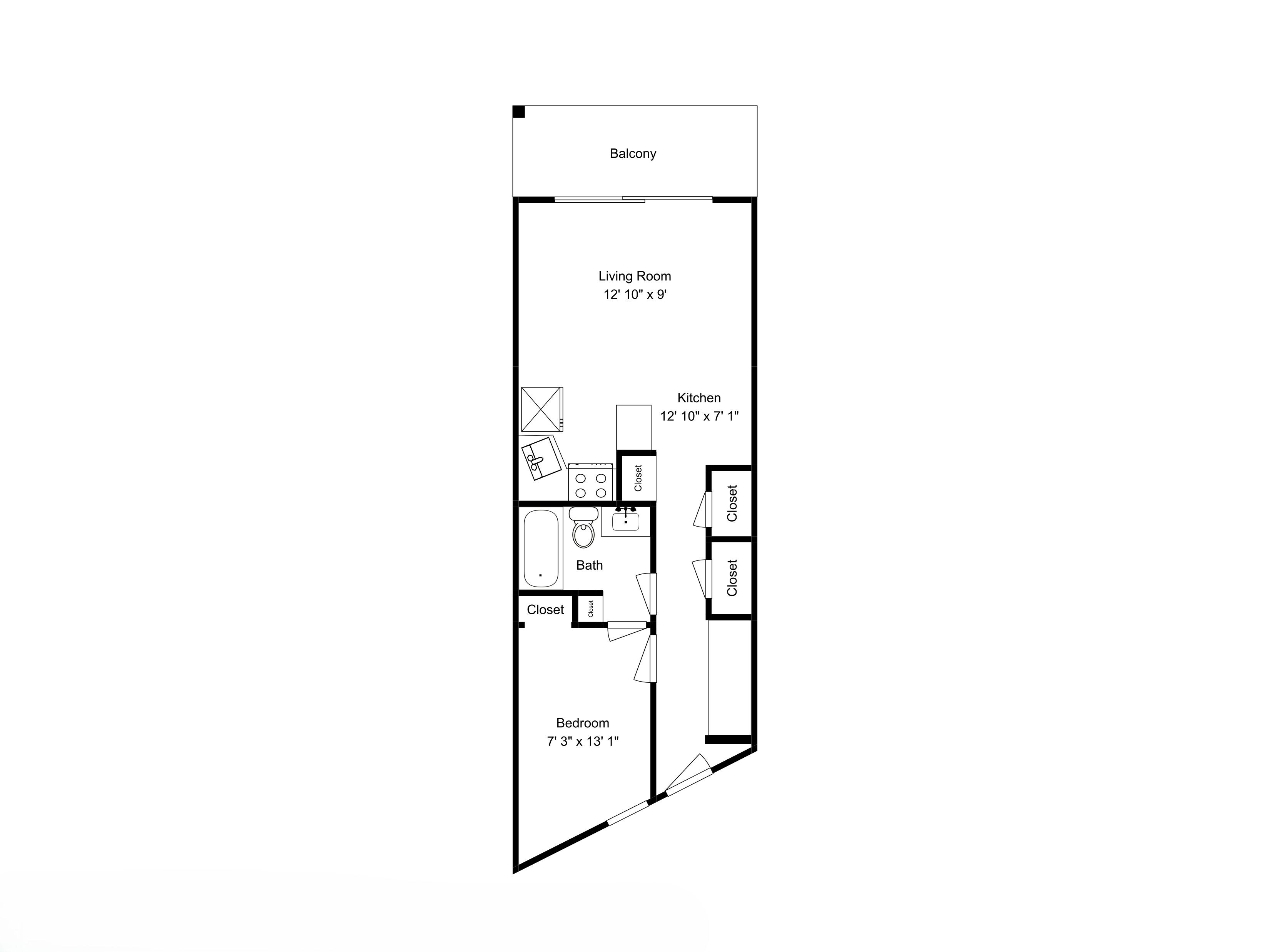 A floor plan of a house with a living room, kitchen, bathroom, and bedroom.
