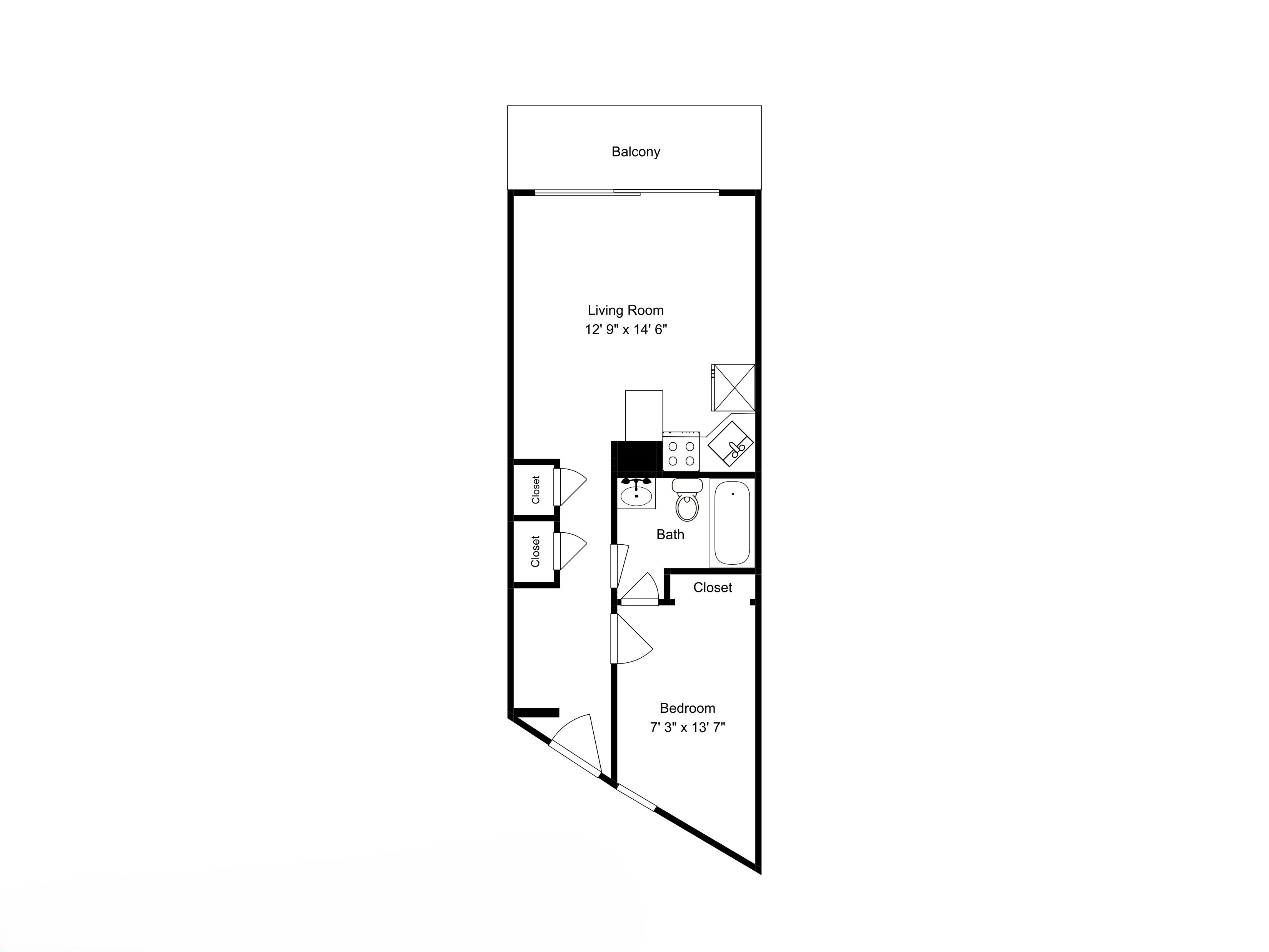 Un plan d’étage comprenant un salon, une chambre, une salle de bain et un placard.