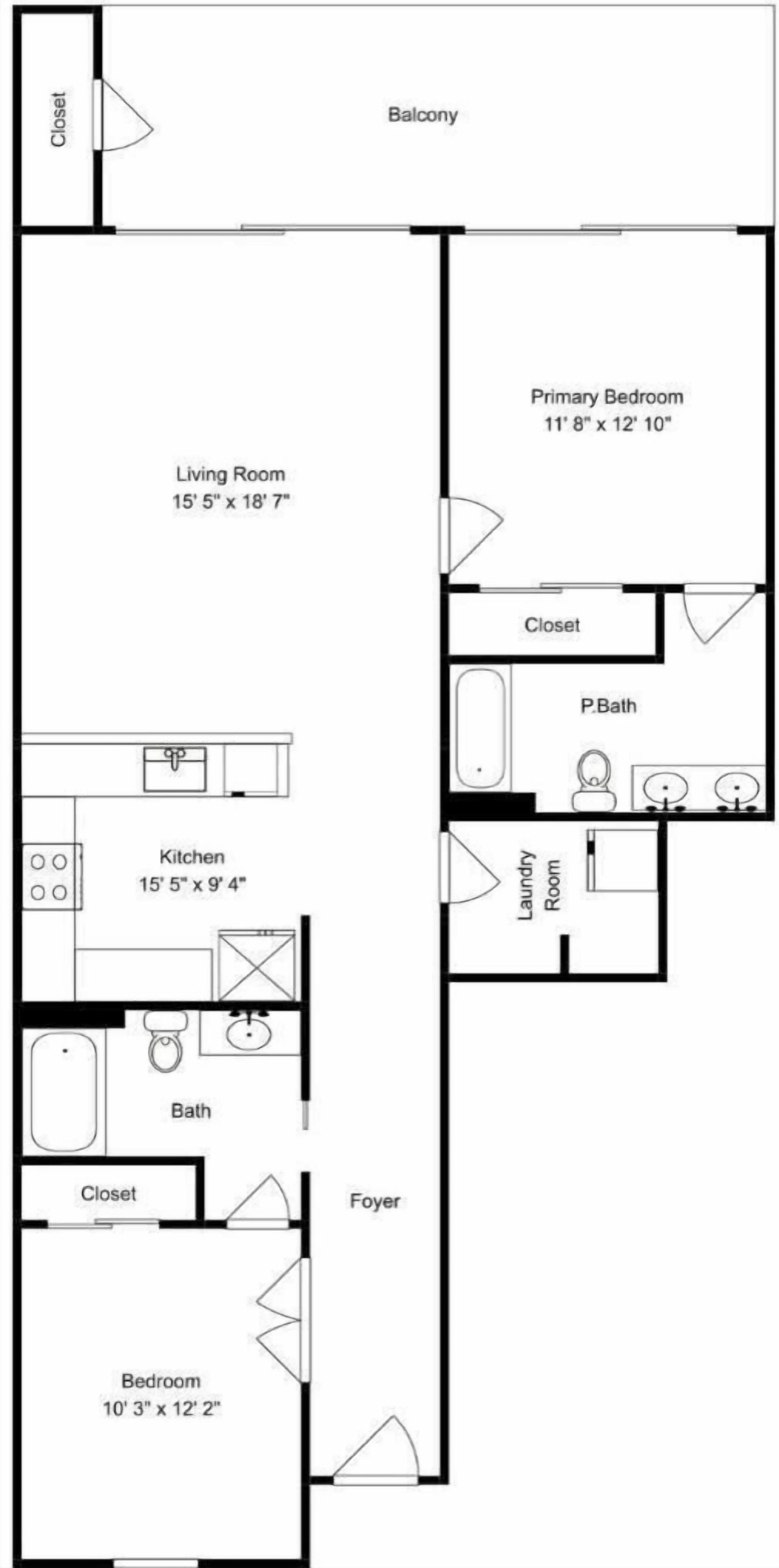 A floor plan of a house with a living room, kitchen, two bedrooms, a balcony, and a foyer.