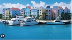 Un port de plaisance avec des bâtiments aux couleurs vives et des yachts amarrés.