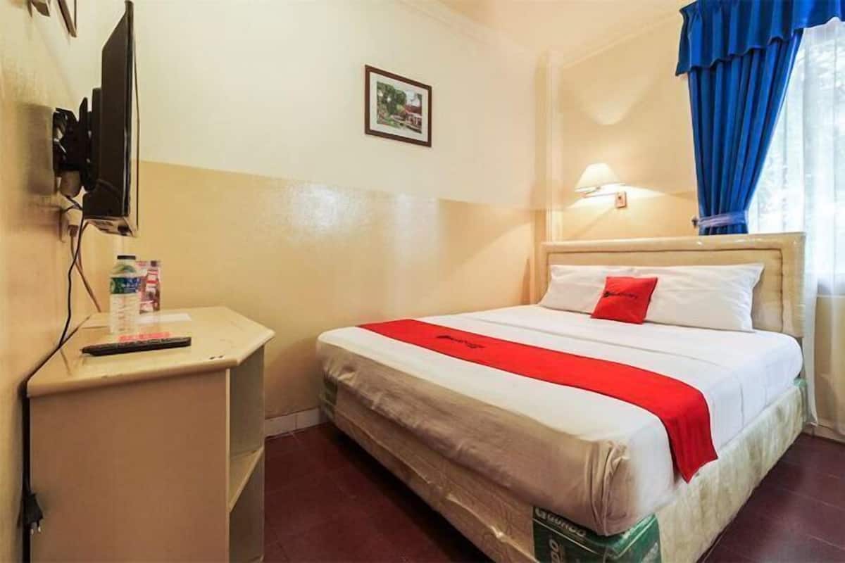 Habitación de hotel con una cama, un televisor sobre un mueble bajo, una mesita con un control remoto y un cuadro en la pared.