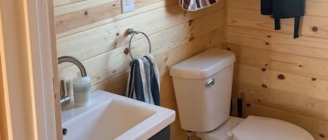 Shower, towels, soap, toilet paper
