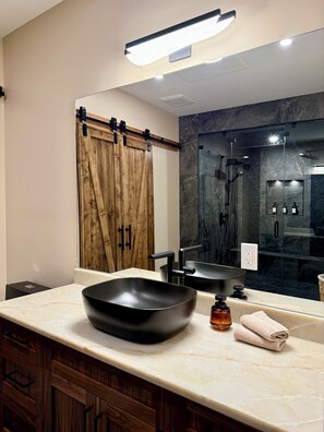 Jetted bath, hair dryer, towels, soap