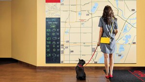 Uma mulher com um cachorro em um saguão de hotel, um mapa na parede e uma placa de boas-vindas.