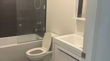 Hair dryer, towels, soap, toilet paper