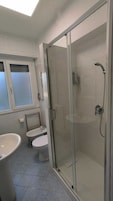 A modern bathroom with a glass-enclosed shower, a white sink, and a toilet.