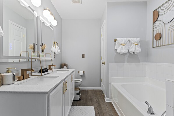 Hair dryer, towels, soap, shampoo