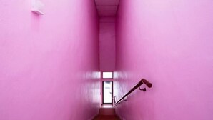 A narrow hallway with pink walls and a visible door at the end. - Hotel O Rg Motel (Temin)