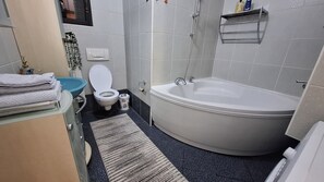 Een haardroger, handdoeken, zeep, toiletpapier