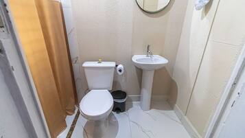 Een compacte badkamer met toilet, wastafel en een spiegel aan de muur.