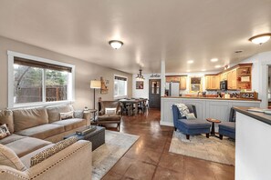 TV, fireplace, books