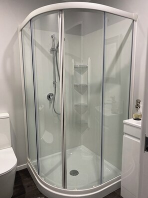 Shower, towels, soap, toilet paper