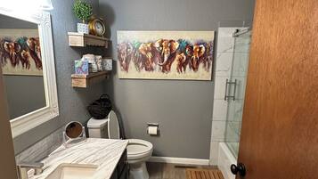 Regadera, secadora de cabello, toallas, jabón