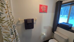 A bathroom with a toilet, a towel rack with a towel, a painting on the wall, and a window with curtains. - WP3 MTU & Keweenaw Base Full Kitchen + WiFi (Calumet)