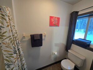 Douche, sèche-cheveux, savon, papier toilette