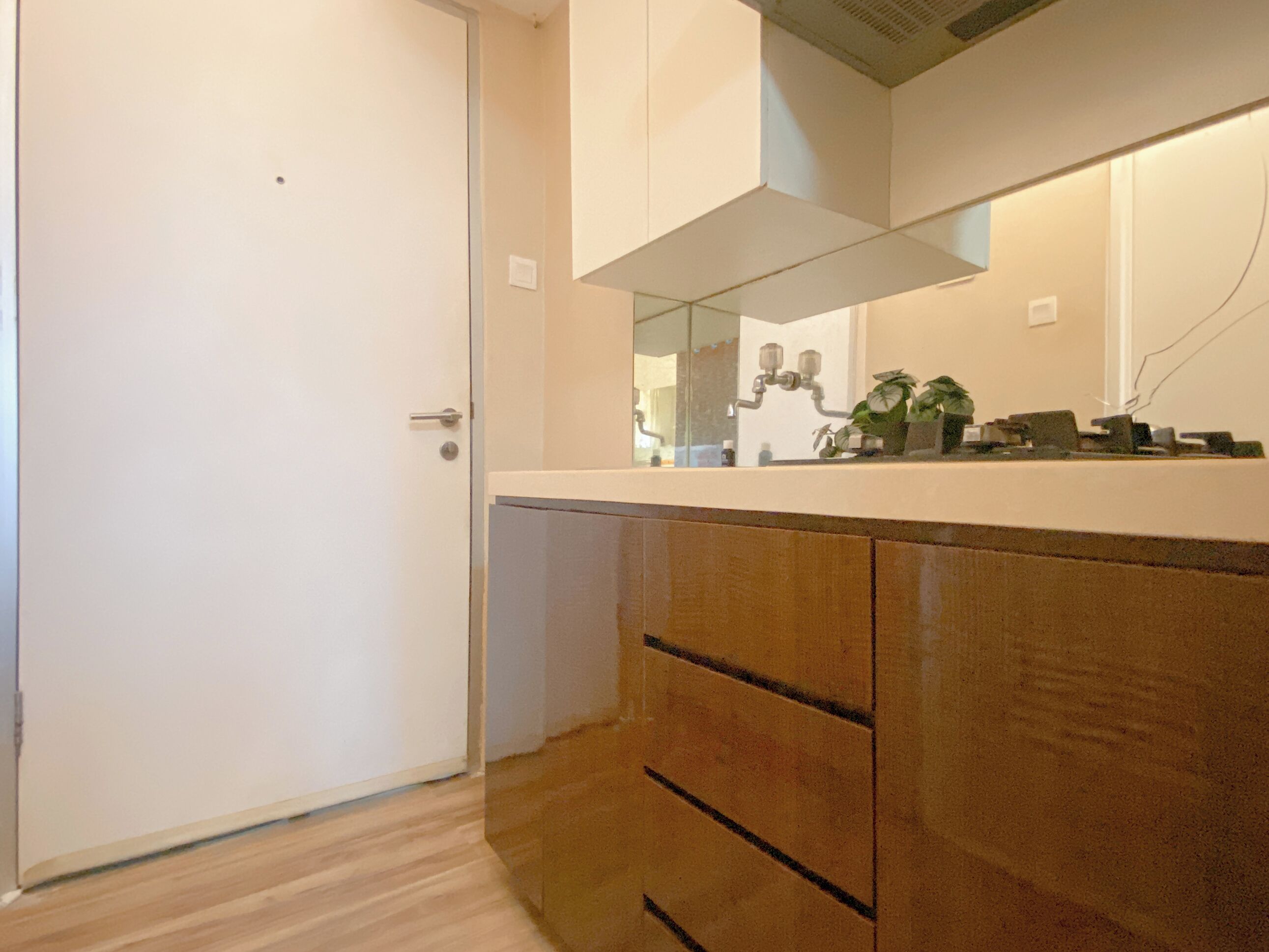 A modern kitchen with a white door, wooden cabinets, and a countertop with a sink and faucet.