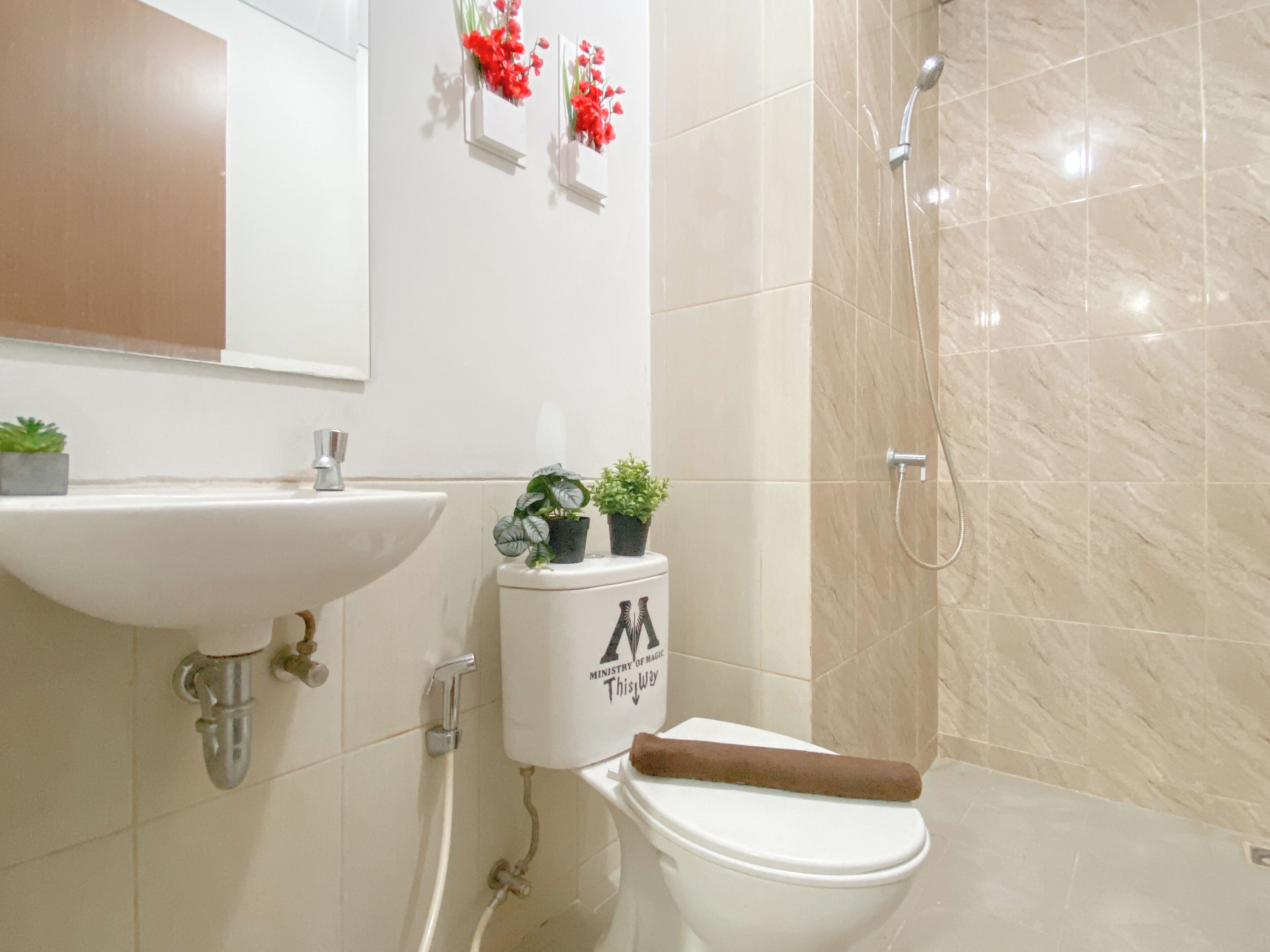 A bathroom with a white sink, a toilet, and a shower. There are two potted plants on the toilet.