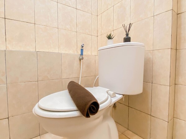 Et toilet med et brunt håndklæde på sædet, en blå rørledning og en lille plante på tanken.