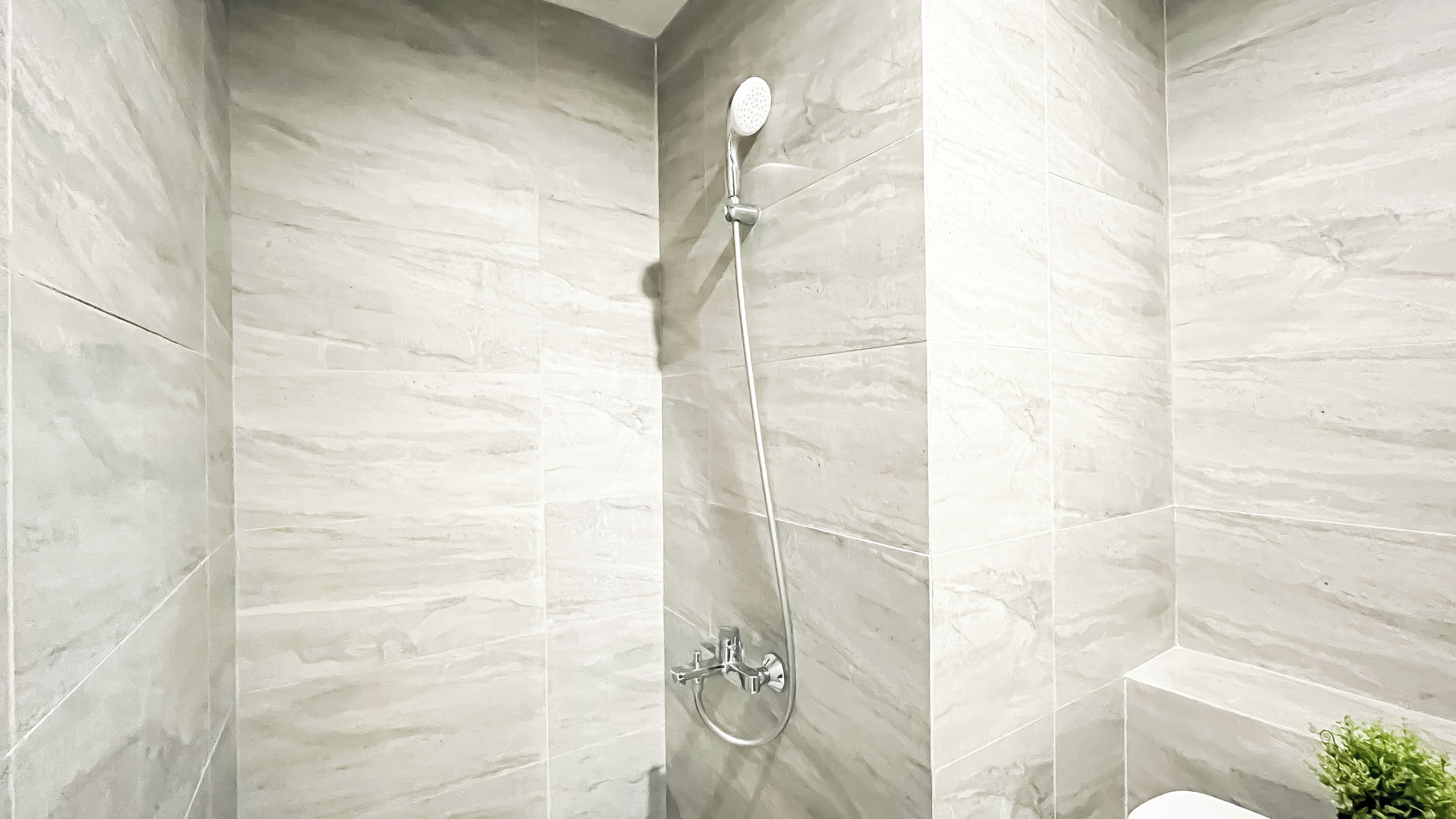 Une salle de bain moderne avec une douche, des murs en marbre et une petite plante.