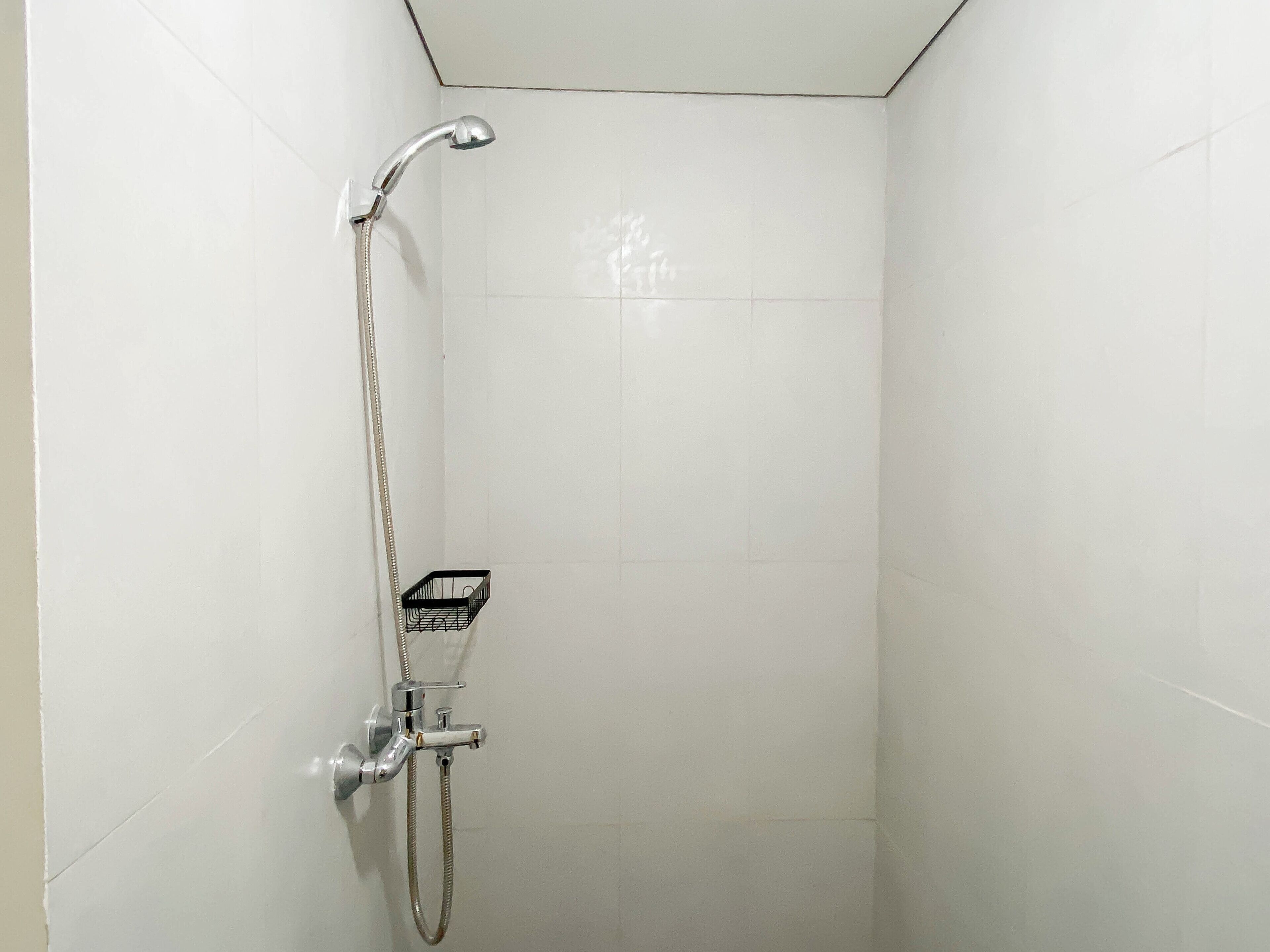 Eine Dusche mit Handbrause und Wandarmatur.