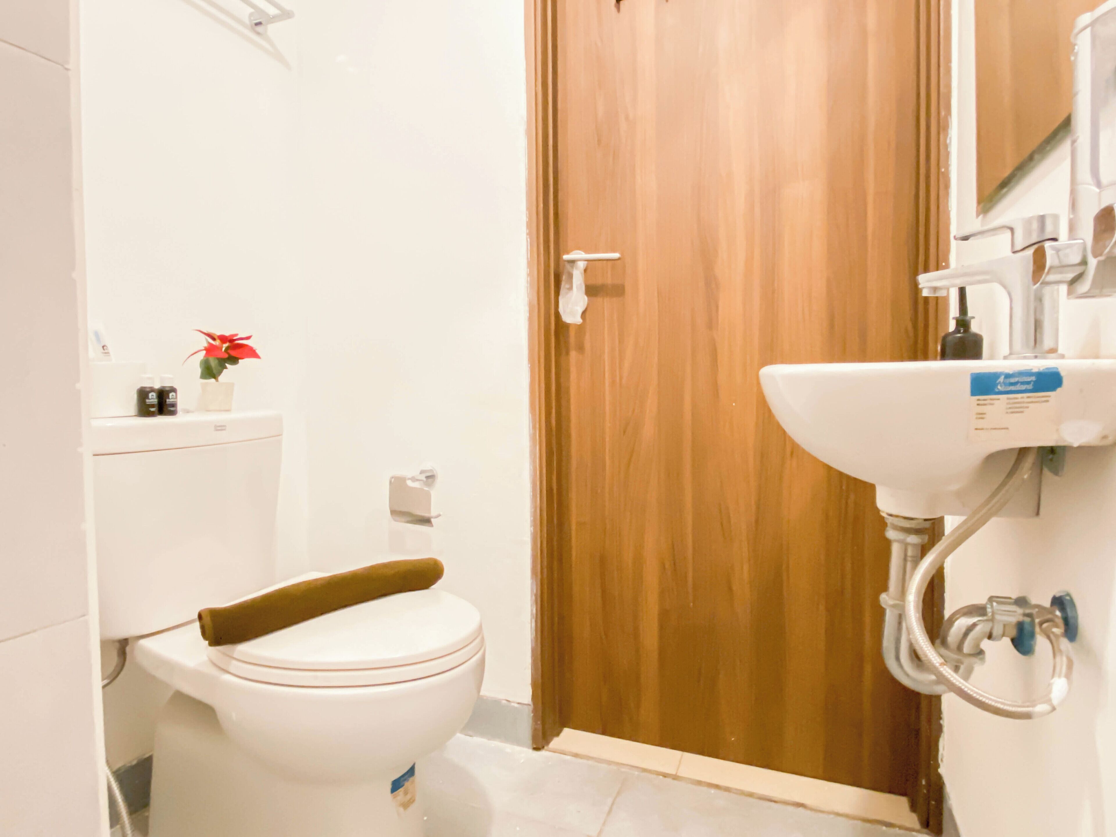 Ein Badezimmer mit Toilette, einer Holztür, einem Waschbecken und einer kleinen Pflanze.