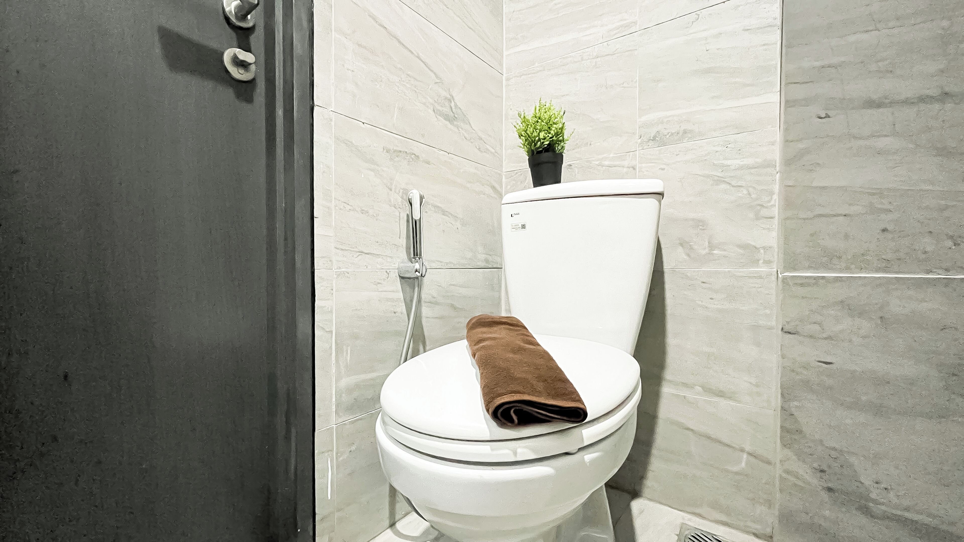 Ein Badezimmer mit Toilette, Dusche und einer kleinen Topfpflanze an der Wand.