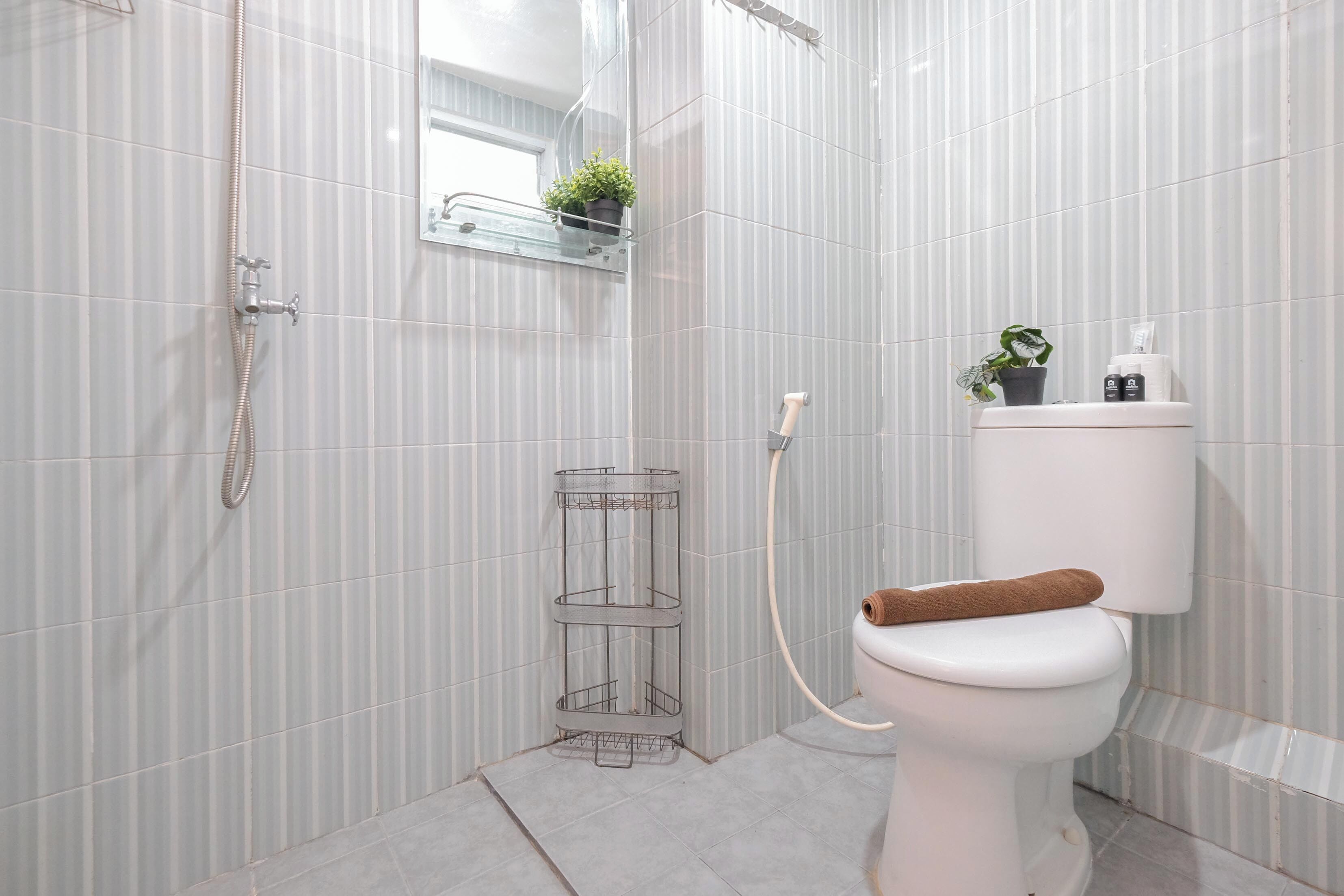 Une salle de bain avec des toilettes, une douche, une petite plante et une étagère en verre.