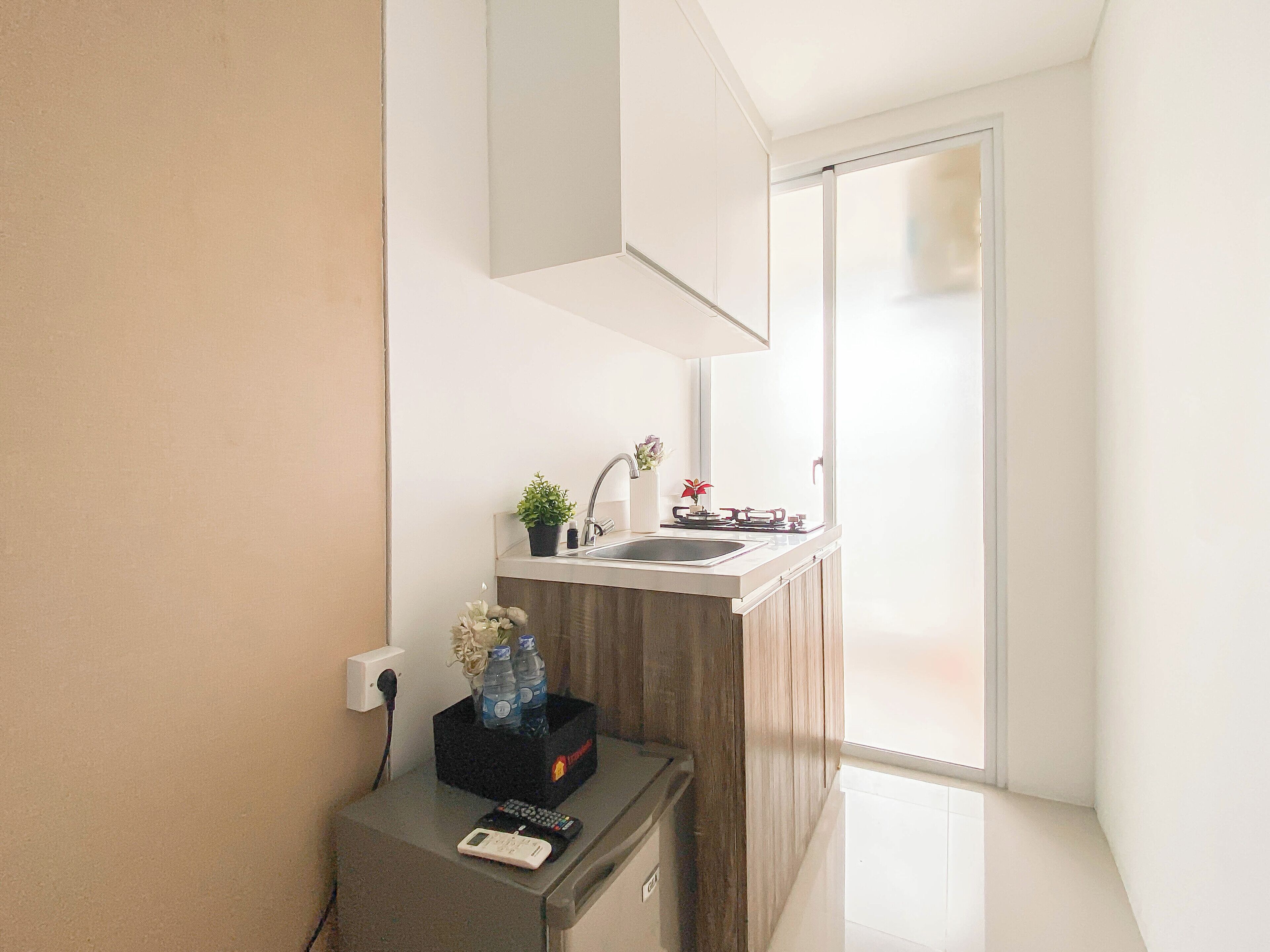 A compact kitchen with a sink, a small countertop, and a cabinet above it. There is a potted plant on the countertop and a remote control on the counter.