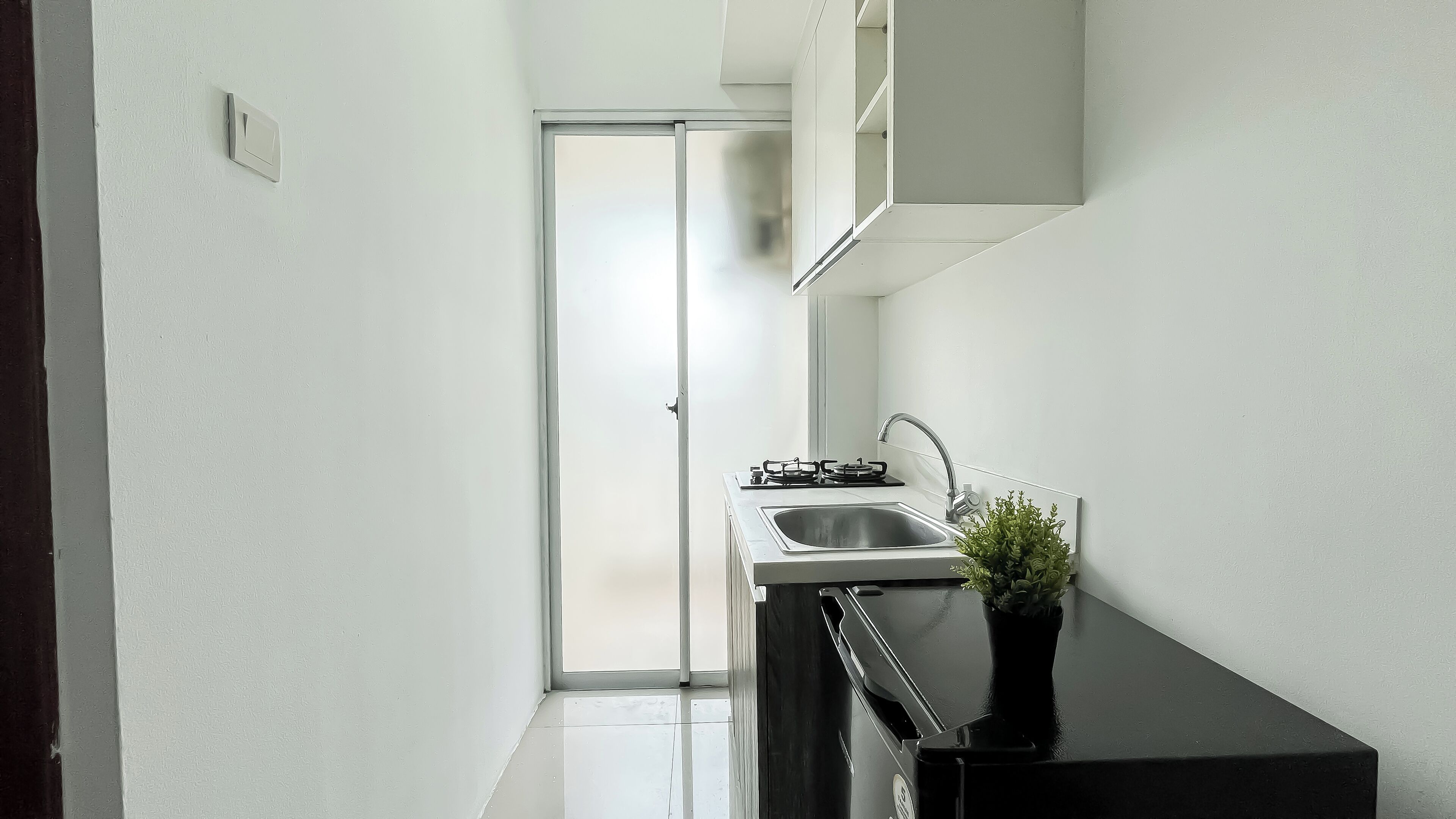 A narrow kitchen with a black countertop, a stainless steel sink, and a small potted plant.