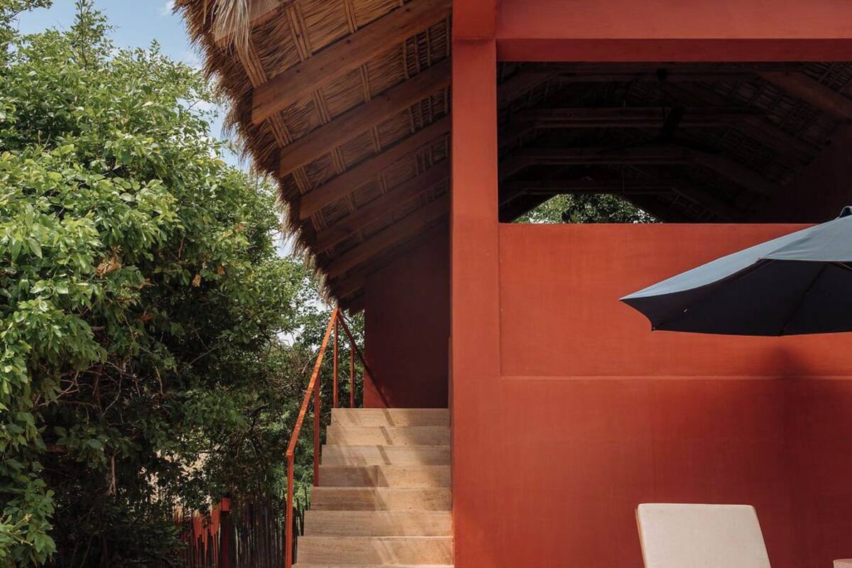 A staircase leading to a covered outdoor area with a thatched roof, surrounded by greenery.