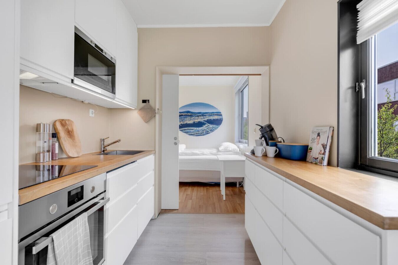 Een koelkast, een magnetron, een oven, een kookplaat