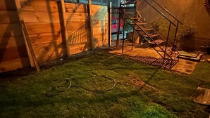Ein Garten mit Holzzaun, Metalltreppe und einem in der Nähe geparkten roten Auto.