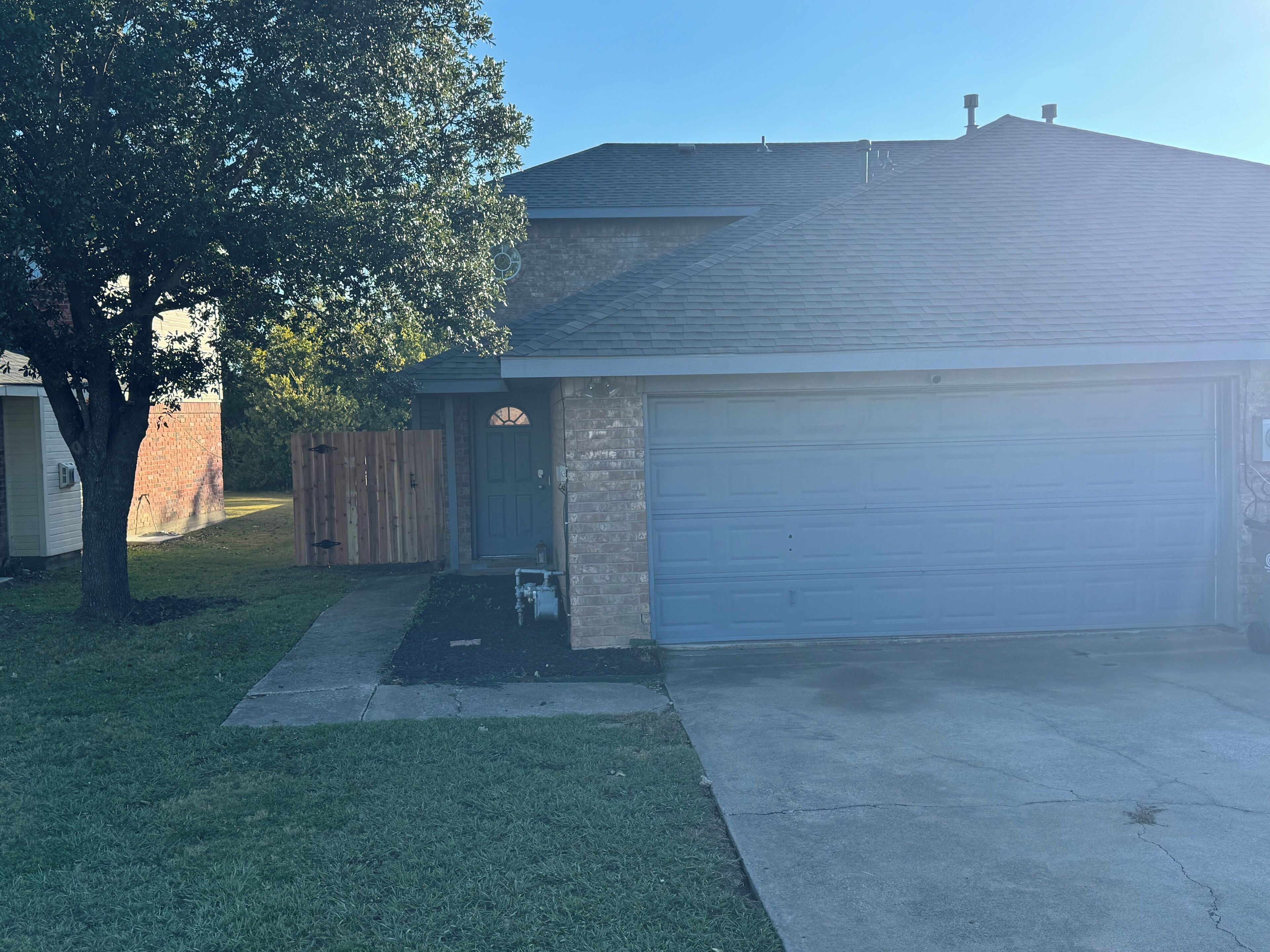 A residential garage with a concrete driveway, a wooden fence, and a tree in the yard.