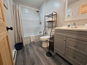 Hair dryer, towels, soap, toilet paper