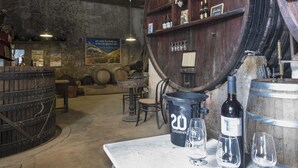 A rustic cellar with wooden barrels, a table with wine glasses, and a sign indicating a wine tasting event. - Aude à la Vigne - CRUSCADES (CRUSCADES)