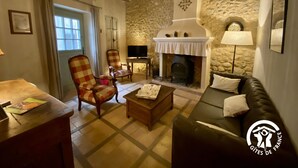 A cozy living room with a stone wall, a fireplace, a checkered armchair, a sofa, and a wooden coffee table. - Aude à la Vigne - CRUSCADES (CRUSCADES)