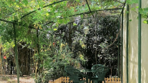 A patio area with a table and chairs, surrounded by greenery and a wooden fence. - Gite du Cammas Blanc (VILLEPINTE)