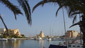 Ein Yachthafen mit angestaubten Booten, ein Gebäude mit Kuppel und Palmen.