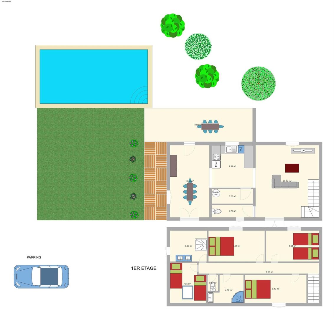 A 1st floor plan with a pool, dining area, kitchen, living room, and multiple bedrooms.